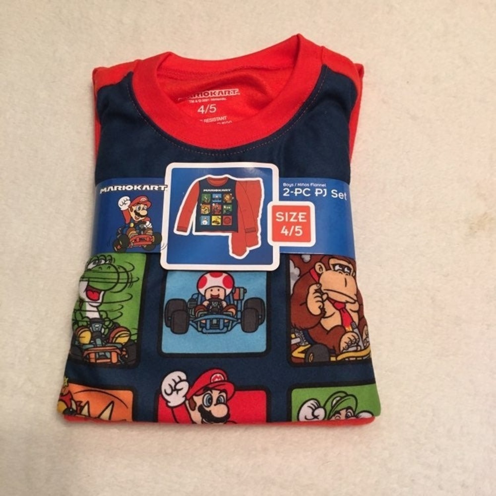 Mario Kart PJ Set Boys 4/5 Red Navy New Flannel 2-Piece Nintendo Sleepwear
